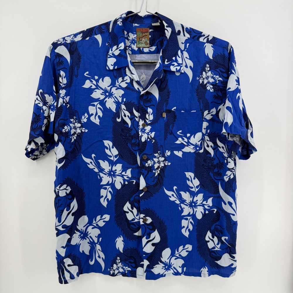 Pineapple Connection Shirt Mens XL Blue Floral Dragon Rayon Hawaiian Camp Top